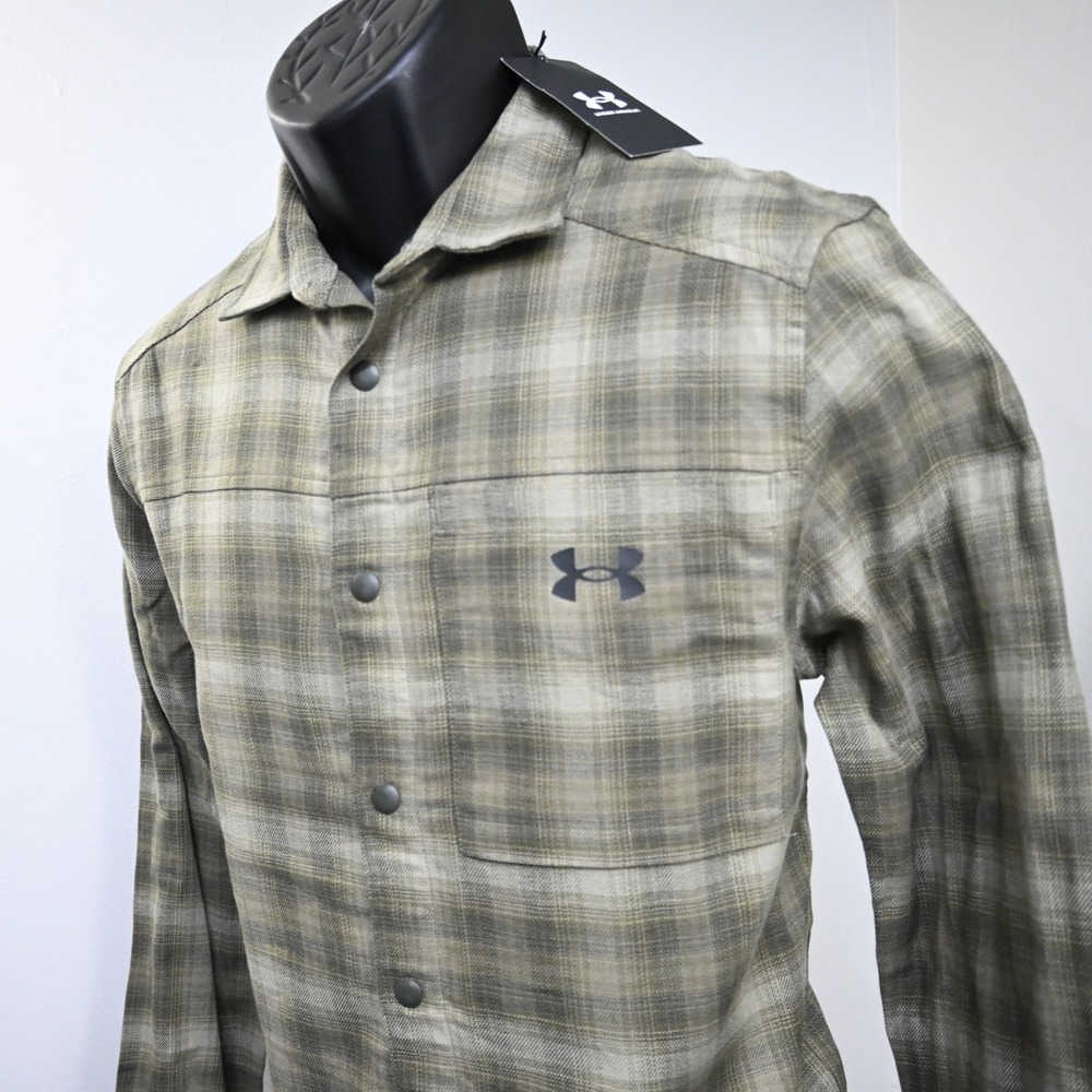 Under Armour Flannel Shirt Green Plaid Long Sleeve Snap Up‎ Mens Size Small NEW
